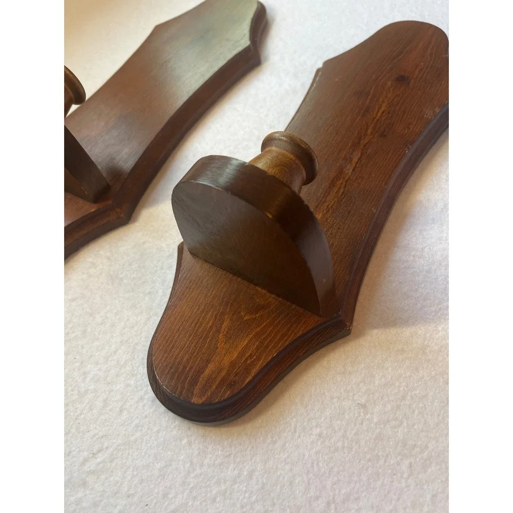 Wood Wall Sconce Pair Vintage Brown Colonial Candle Holder Set MCM Cottagecore